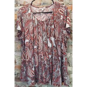 DB Dress Barn Top Shirt Womens Plus Sz 1x Red Black Paisley Short Sleeve